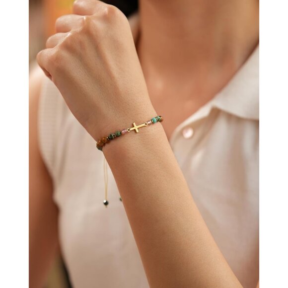 Christian Cross Bracelet for Women Natural Stone Steel Gift for Faith - Picture 3 of 6